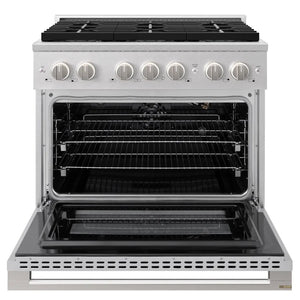 ZLINE 36 in. 5.2 cu. ft. Marino Gas Range with 6 Burner DuoPro™ Cooktop and Convection Gas Oven in Satin Stainless Steel (PMGRS-36) front, oven open.