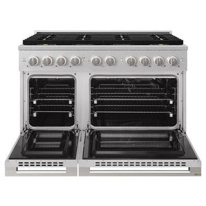 ZLINE 48 in. 6.7 cu. ft. Marino Gas Range with 8 Burner DuoPro™ Cooktop and Dual Ovens in Satin Stainless Steel (PMGRS-48) front, oven open.