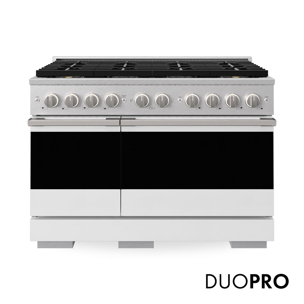 ZLINE 48 in. 6.7 cu. ft. Marino Gas Range with 8 Burner DuoPro™ Cooktop and Dual Ovens in Satin Stainless Steel with White Matte Doors (PMGRS-WM-48) main image.