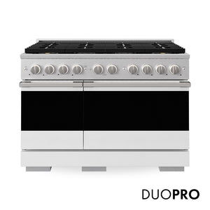 ZLINE 48 in. 6.7 cu. ft. Marino Gas Range with 8 Burner DuoPro™ Cooktop and Dual Ovens in Satin Stainless Steel with White Matte Doors (PMGRS-WM-48) main image.