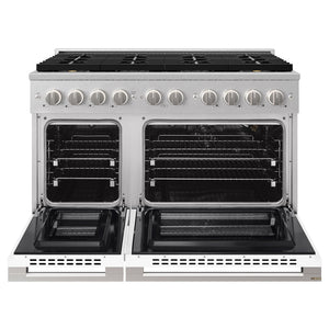 ZLINE 48 in. 6.7 cu. ft. Marino Gas Range with 8 Burner DuoPro™ Cooktop and Dual Ovens in Satin Stainless Steel with White Matte Doors (PMGRS-WM-48)