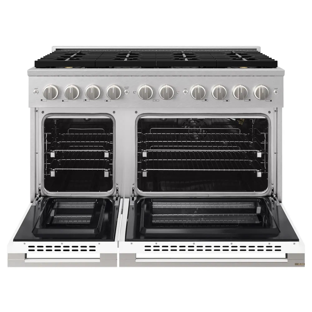 ZLINE 48 in. 6.7 cu. ft. Marino Gas Range with 8 Burner DuoPro™ Cooktop and Dual Ovens in Satin Stainless Steel with White Matte Doors (PMGRS-WM-48) front, oven open.