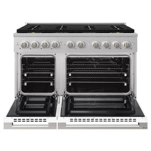 ZLINE 48 in. 6.7 cu. ft. Marino Gas Range with 8 Burner DuoPro™ Cooktop and Dual Ovens in Satin Stainless Steel with White Matte Doors (PMGRS-WM-48) front, oven open.