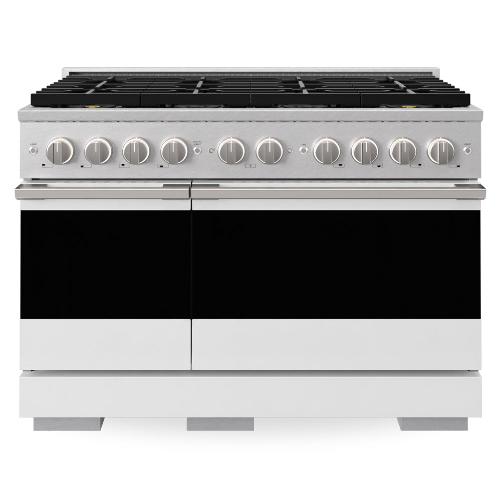 ZLINE 48 in. 6.7 cu. ft. Marino Gas Range with 8 Burner DuoPro™ Cooktop and Dual Ovens in Satin Stainless Steel with White Matte Doors (PMGRS-WM-48)