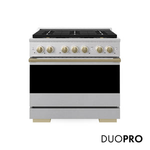 ZLINE Autograph Edition 36 in. 5.2 cu. ft. Marino Gas Range with 6 Burner DuoPro™ Cooktop and Convection Gas Oven in Satin Stainless Steel and Champagne Bronze Accents (PMGRSZ-36-CB) main image.