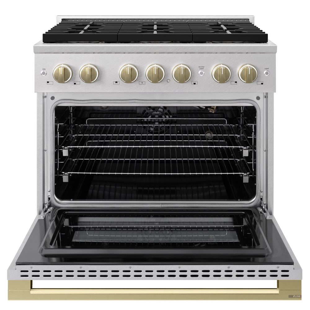 ZLINE Autograph Edition 36 in. 5.2 cu. ft. Marino Gas Range with 6 Burner DuoPro™ Cooktop and Convection Gas Oven in Satin Stainless Steel and Champagne Bronze Accents (PMGRSZ-36-CB)