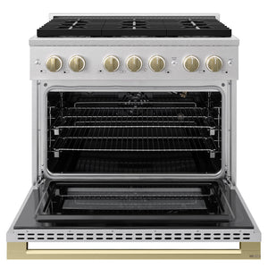 ZLINE Autograph Edition 36 in. 5.2 cu. ft. Marino Gas Range with 6 Burner DuoPro™ Cooktop and Convection Gas Oven in Satin Stainless Steel and Champagne Bronze Accents (PMGRSZ-36-CB)