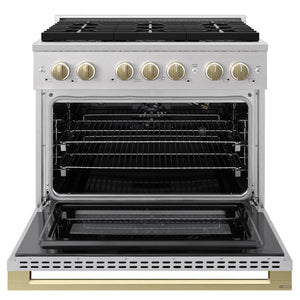 ZLINE Autograph Edition 36 in. 5.2 cu. ft. Marino Gas Range with 6 Burner DuoPro™ Cooktop and Convection Gas Oven in Satin Stainless Steel and Champagne Bronze Accents (PMGRSZ-36-CB) front, oven open.
