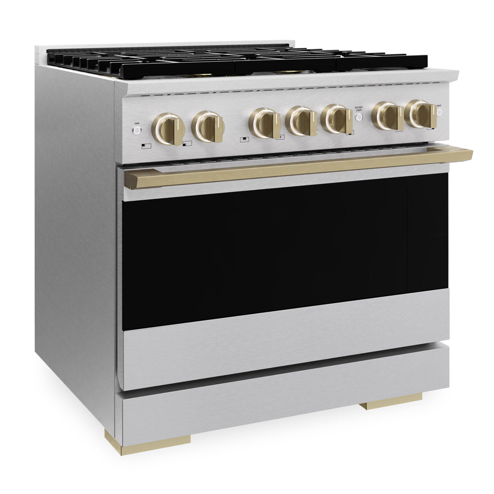 ZLINE Autograph Edition 36 in. 5.2 cu. ft. Marino Gas Range with 6 Burner DuoPro™ Cooktop and Convection Gas Oven in Satin Stainless Steel and Champagne Bronze Accents (PMGRSZ-36-CB)