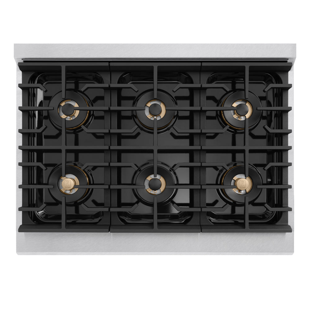 ZLINE Autograph Edition 36 in. 5.2 cu. ft. Marino Gas Range with 6 Burner DuoPro™ Cooktop and Convection Gas Oven in Satin Stainless Steel and Champagne Bronze Accents (PMGRSZ-36-CB)