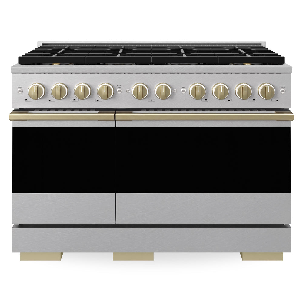 ZLINE Autograph Edition 48 in. 6.7 cu. ft. Marino Gas Range with 8 Burner DuoPro™ Cooktop and Dual Ovens in Satin Stainless Steel and Champagne Bronze Accents (PMGRSZ-48-CB)