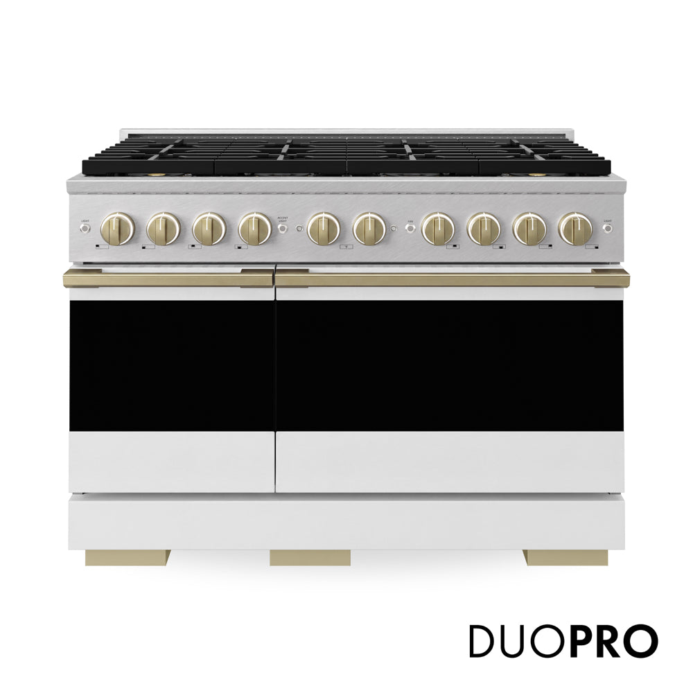 ZLINE Autograph Edition 48 in. 6.7 cu. ft. Marino Gas Range with 8 Burner DuoPro™ Cooktop and Dual Ovens in Satin Stainless Steel with White Matte Doors and Champagne Bronze Accents (PMGRSZ-WM-48-CB) main image.