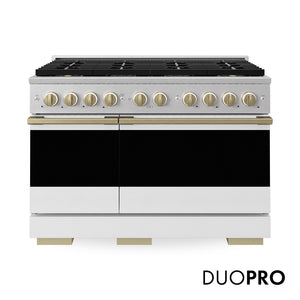 ZLINE Autograph Edition 48 in. 6.7 cu. ft. Marino Gas Range with 8 Burner DuoPro™ Cooktop and Dual Ovens in Satin Stainless Steel with White Matte Doors and Champagne Bronze Accents (PMGRSZ-WM-48-CB) main image.