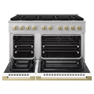 ZLINE Autograph Edition 48 in. 6.7 cu. ft. Marino Gas Range with 8 Burner DuoPro™ Cooktop and Dual Ovens in Satin Stainless Steel with White Matte Doors and Champagne Bronze Accents (PMGRSZ-WM-48-CB) front, oven open.