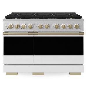 ZLINE Autograph Edition 48 in. 6.7 cu. ft. Marino Gas Range with 8 Burner DuoPro™ Cooktop and Dual Ovens in Satin Stainless Steel with White Matte Doors and Champagne Bronze Accents (PMGRSZ-WM-48-CB)