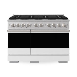 ZLINE 48 in. 6.7 cu. ft. Marino Double Oven Dual Fuel Range with 8 Burner Gas Cooktop in Satin Stainless Steel with White Matte Doors (MDRS-WM-48) main image.