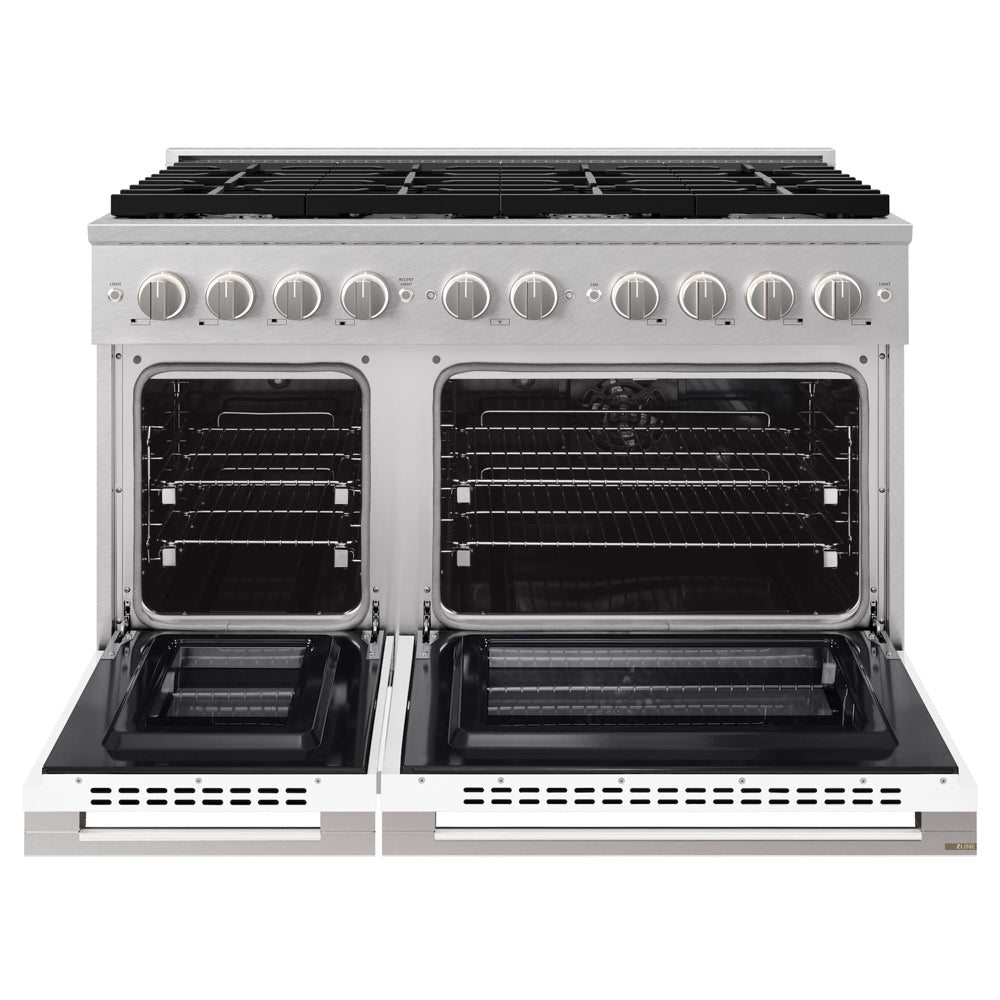 ZLINE 48 in. 6.7 cu. ft. Marino Double Oven Dual Fuel Range with 8 Burner Gas Cooktop in Satin Stainless Steel with White Matte Doors (MDRS-WM-48) front, oven open.