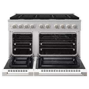 ZLINE 48 in. 6.7 cu. ft. Marino Double Oven Dual Fuel Range with 8 Burner Gas Cooktop in Satin Stainless Steel with White Matte Doors (MDRS-WM-48) front, oven open.