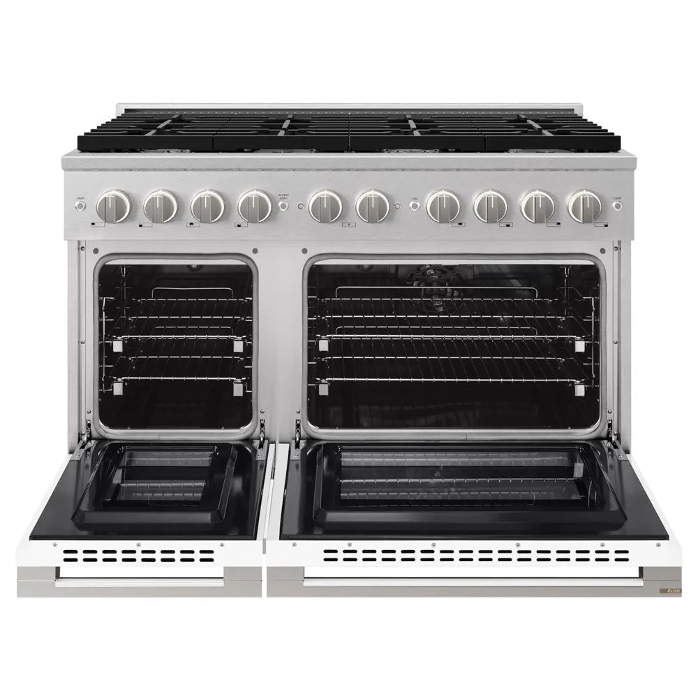 ZLINE 48 in. 6.7 cu. ft. Marino Double Oven Dual Fuel Range with 8 Burner Gas Cooktop in Satin Stainless Steel with White Matte Doors (MDRS-WM-48) front, oven open.