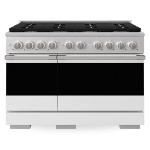 ZLINE 48 in. 6.7 cu. ft. Marino Double Oven Dual Fuel Range with 8 Burner Gas Cooktop in Satin Stainless Steel with White Matte Doors (MDRS-WM-48) front, oven closed.