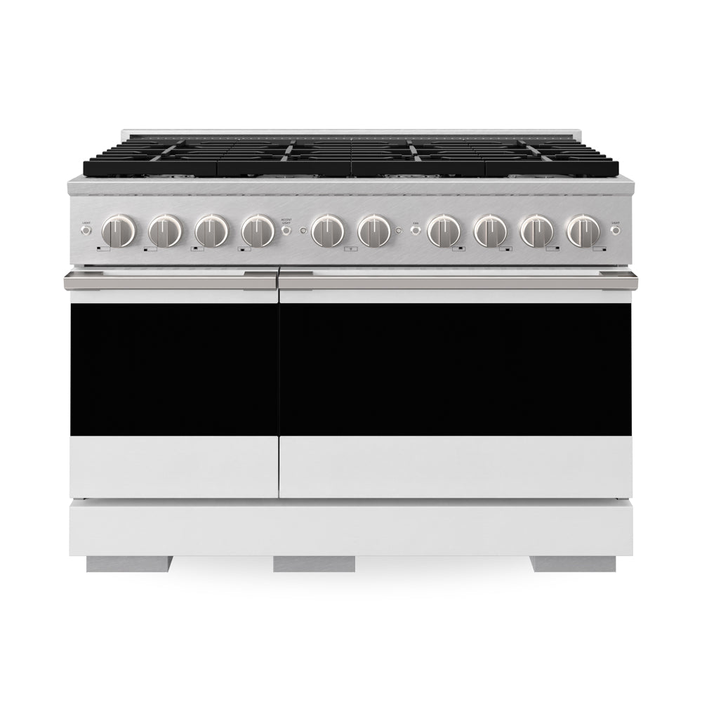ZLINE 48 in. 6.7 cu. ft. Marino Double Oven Gas Range with 8 Burner Cooktop in Satin Stainless Steel with White Matte Doors (MGRS-WM-48) main image.