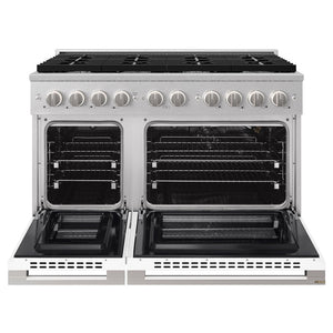 ZLINE 48 in. 6.7 cu. ft. Marino Double Oven Gas Range with 8 Burner Cooktop in Satin Stainless Steel with White Matte Doors (MGRS-WM-48) front, oven open.