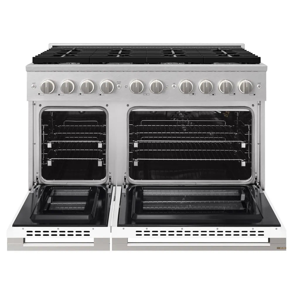 ZLINE 48 in. 6.7 cu. ft. Marino Double Oven Gas Range with 8 Burner Cooktop in Satin Stainless Steel with White Matte Doors (MGRS-WM-48) front, oven open.