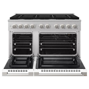 ZLINE 48 in. 6.7 cu. ft. Marino Double Oven Gas Range with 8 Burner Cooktop in Satin Stainless Steel with White Matte Doors (MGRS-WM-48) front, oven open.