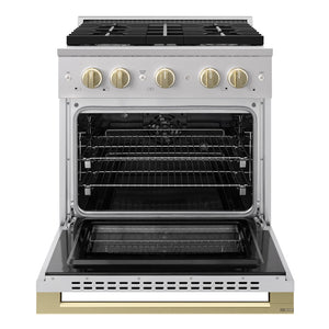 ZLINE Autograph Edition 30 in. 4.2 cu. ft. Marino Dual Fuel Range with 4 Burner Gas Cooktop and Electric Convection Oven in Stainless Steel with Champagne Bronze Accents (MDRZ-30-CB)