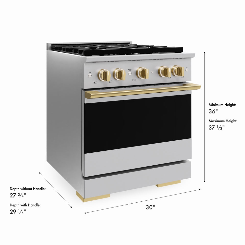 ZLINE Autograph Edition 30 in. 4.2 cu. ft. Marino Dual Fuel Range with 4 Burner Gas Cooktop and Electric Convection Oven in Stainless Steel with Polished Gold Accents (MDRZ-30-G)