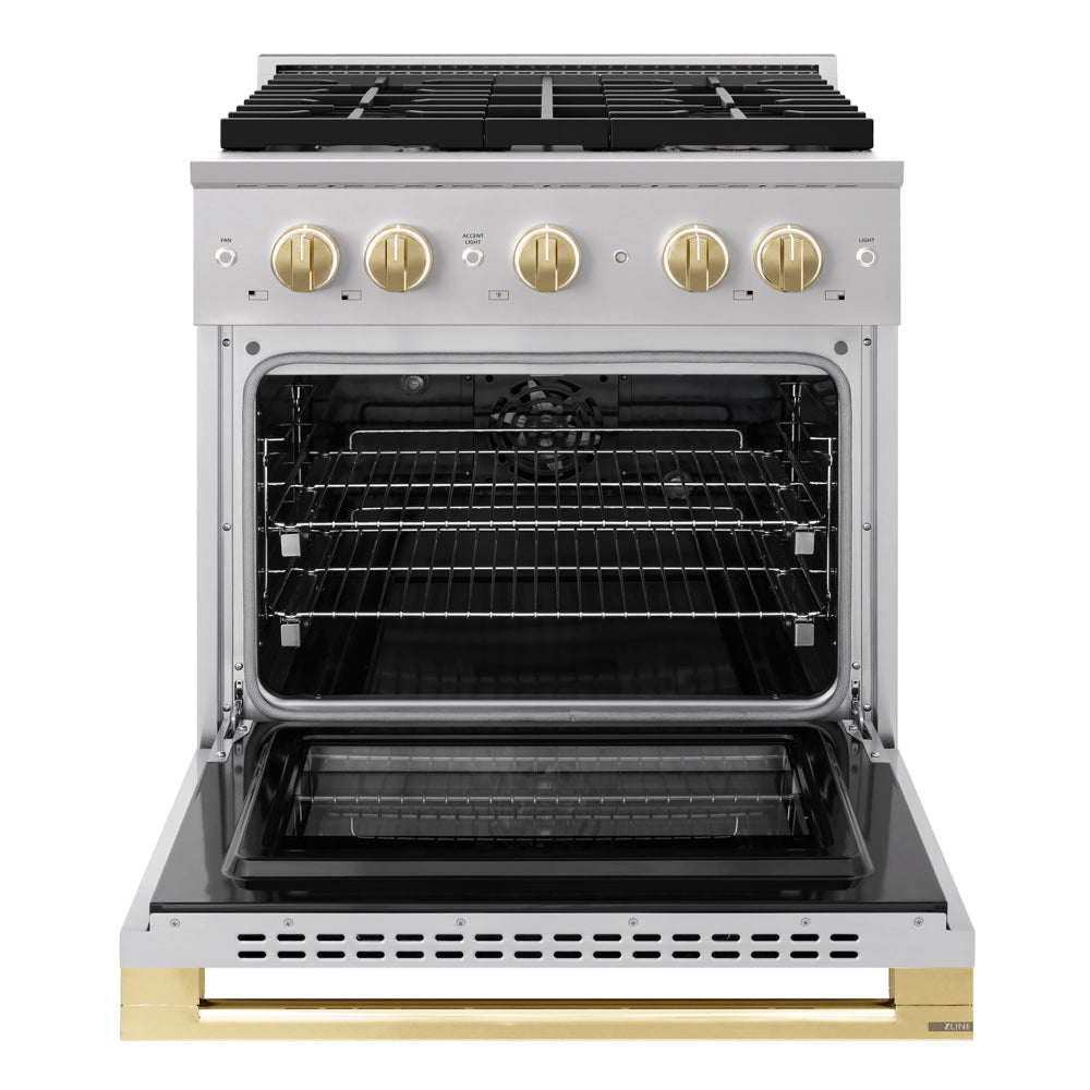 ZLINE Autograph Edition 30 in. 4.2 cu. ft. Marino Dual Fuel Range with 4 Burner Gas Cooktop and Electric Convection Oven in Stainless Steel with Polished Gold Accents (MDRZ-30-G)