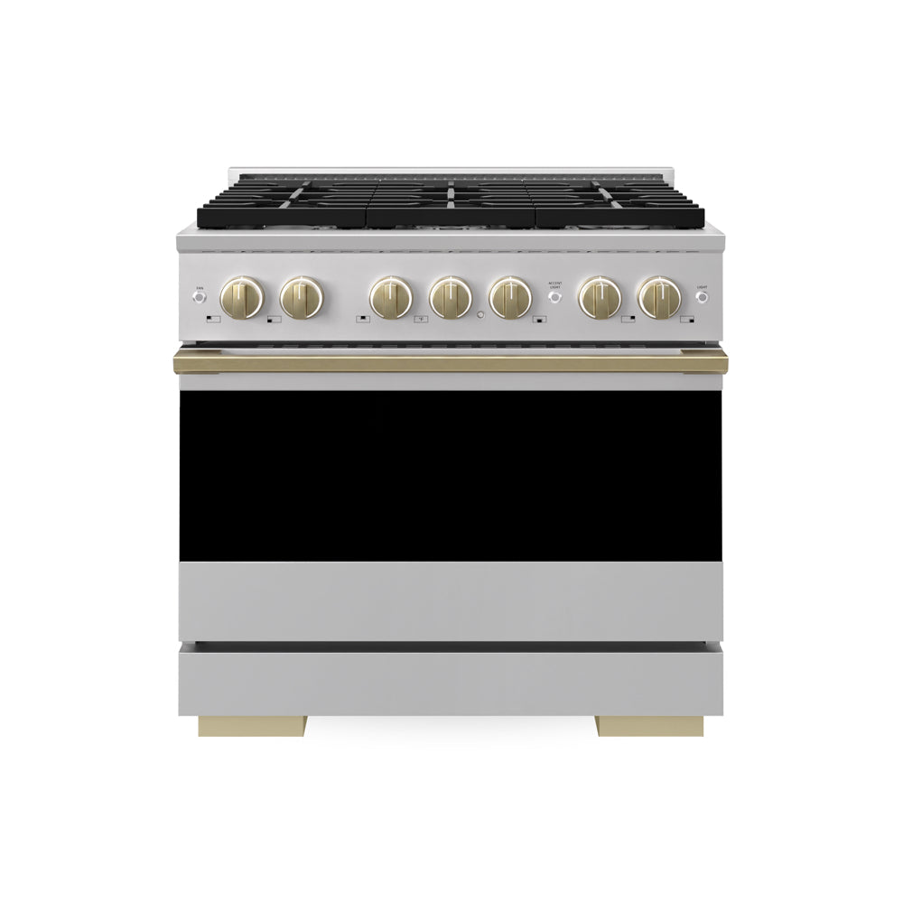 ZLINE Autograph Edition 36 in. 5.2 cu. ft. Marino Dual Fuel Range with 6 Burner Gas Cooktop and Electric Convection Oven in Stainless Steel with Champagne Bronze Accents (MDRZ-36-CB)
