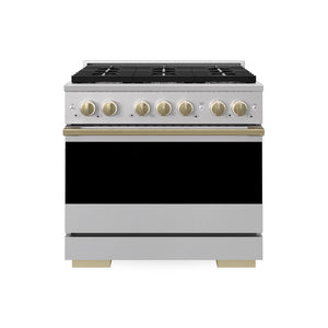 ZLINE Autograph Edition 36 in. 5.2 cu. ft. Marino Dual Fuel Range with 6 Burner Gas Cooktop and Electric Convection Oven in Stainless Steel with Champagne Bronze Accents (MDRZ-36-CB)