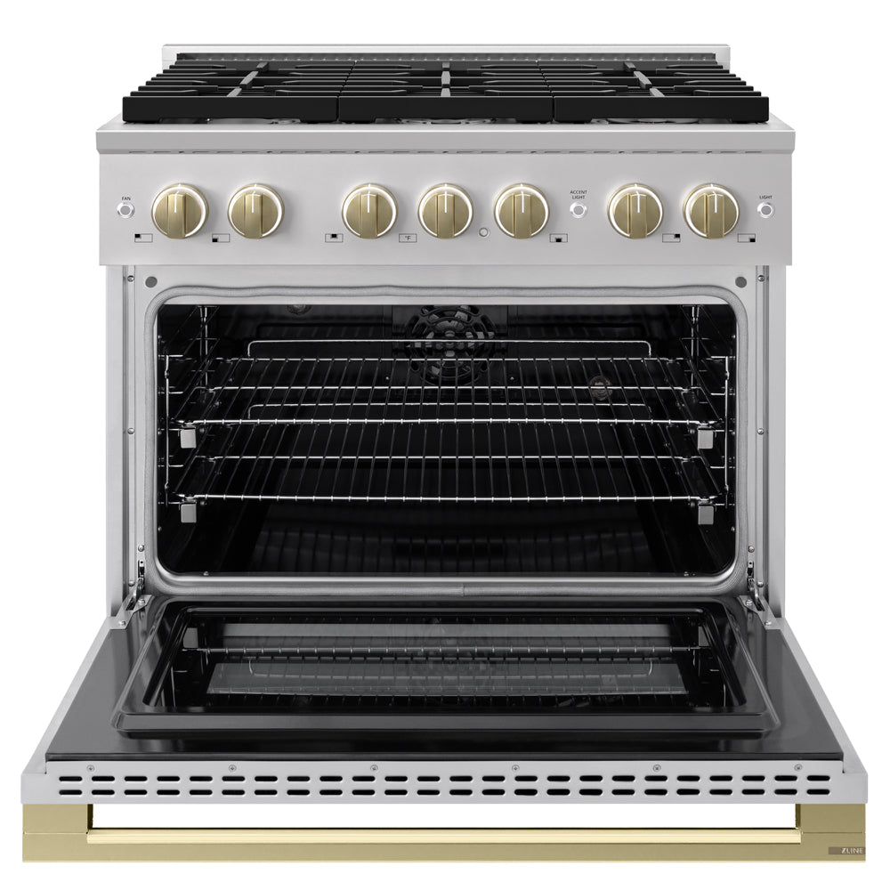 ZLINE Autograph Edition 36 in. 5.2 cu. ft. Marino Dual Fuel Range with 6 Burner Gas Cooktop and Electric Convection Oven in Stainless Steel with Champagne Bronze Accents (MDRZ-36-CB)