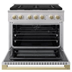 ZLINE Autograph Edition 36 in. 5.2 cu. ft. Marino Dual Fuel Range with 6 Burner Gas Cooktop and Electric Convection Oven in Stainless Steel with Champagne Bronze Accents (MDRZ-36-CB)