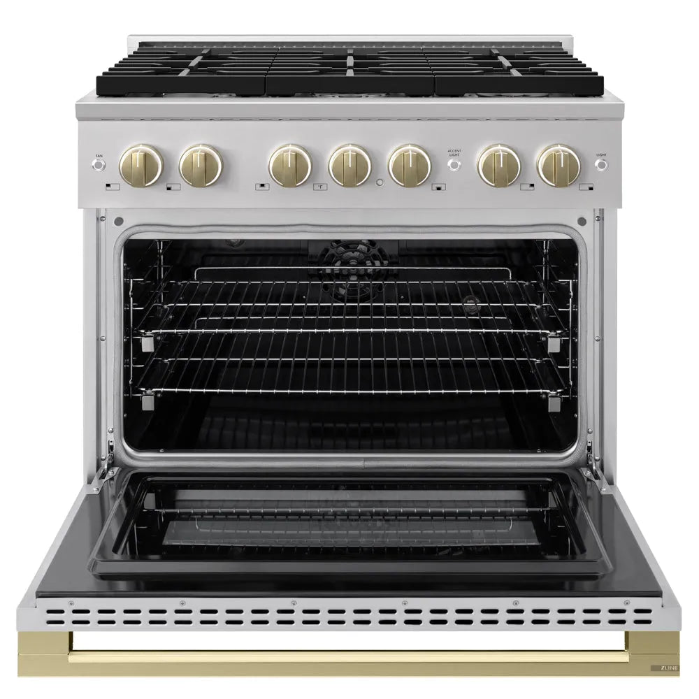 ZLINE Autograph Edition 36 in. 5.2 cu. ft. Marino Dual Fuel Range with 6 Burner Gas Cooktop and Electric Convection Oven in Stainless Steel with Champagne Bronze Accents (MDRZ-36-CB) front, oven open.
