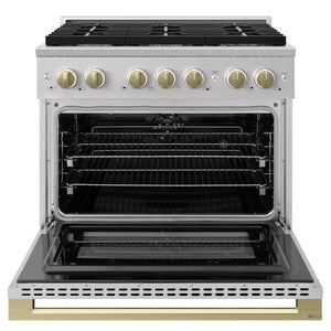 ZLINE Autograph Edition 36 in. 5.2 cu. ft. Marino Dual Fuel Range with 6 Burner Gas Cooktop and Electric Convection Oven in Stainless Steel with Champagne Bronze Accents (MDRZ-36-CB) front, oven open.