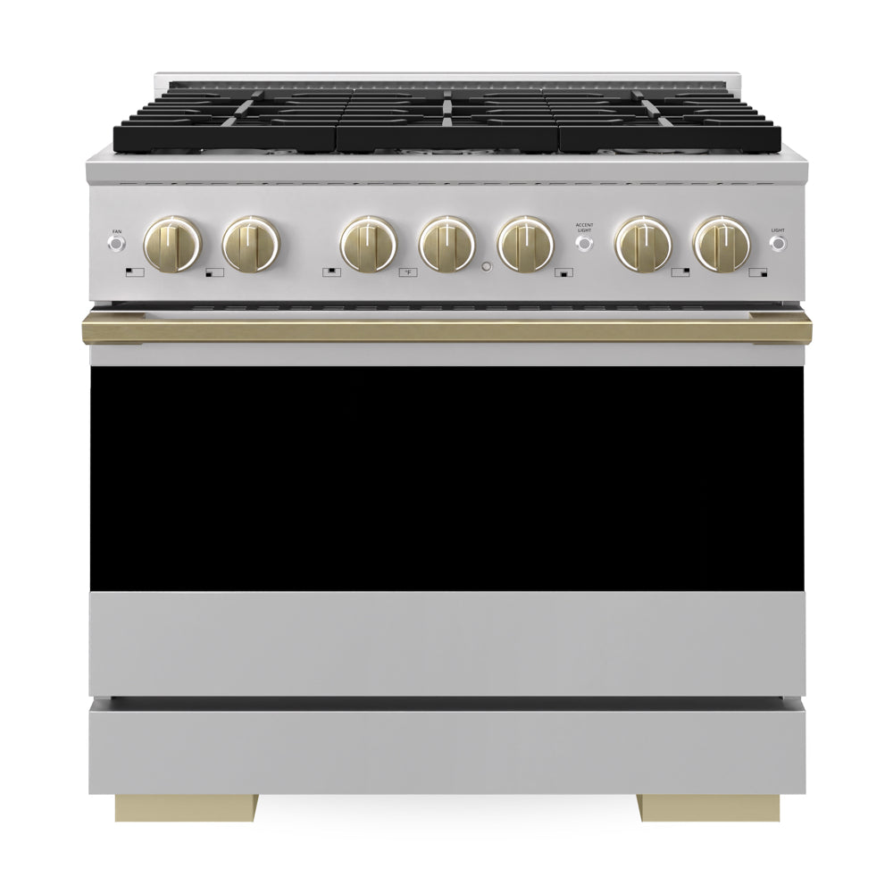 ZLINE Autograph Edition 36 in. 5.2 cu. ft. Marino Dual Fuel Range with 6 Burner Gas Cooktop and Electric Convection Oven in Stainless Steel with Champagne Bronze Accents (MDRZ-36-CB)