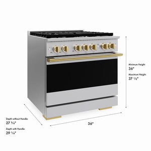 ZLINE Autograph Edition 36 in. 5.2 cu. ft. Marino Dual Fuel Range with 6 Burner Gas Cooktop and Electric Convection Oven in Stainless Steel with Polished Gold Accents (MDRZ-36-G)