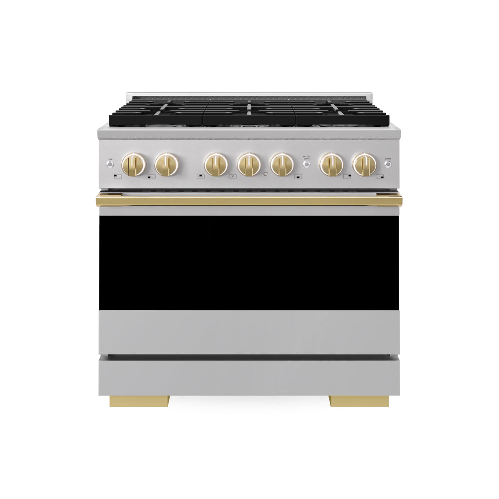 ZLINE Autograph Edition 36 in. 5.2 cu. ft. Marino Dual Fuel Range with 6 Burner Gas Cooktop and Electric Convection Oven in Stainless Steel with Polished Gold Accents (MDRZ-36-G)