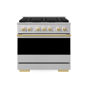 ZLINE Autograph Edition 36 in. 5.2 cu. ft. Marino Dual Fuel Range with 6 Burner Gas Cooktop and Electric Convection Oven in Stainless Steel with Polished Gold Accents (MDRZ-36-G)