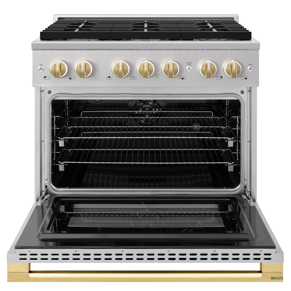 ZLINE Autograph Edition 36 in. 5.2 cu. ft. Marino Dual Fuel Range with 6 Burner Gas Cooktop and Electric Convection Oven in Stainless Steel with Polished Gold Accents (MDRZ-36-G)