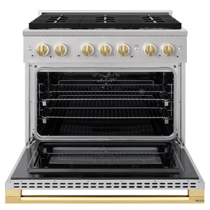ZLINE Autograph Edition 36 in. 5.2 cu. ft. Marino Dual Fuel Range with 6 Burner Gas Cooktop and Electric Convection Oven in Stainless Steel with Polished Gold Accents (MDRZ-36-G)