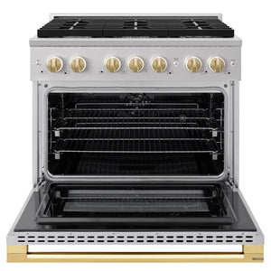 ZLINE Autograph Edition 36 in. 5.2 cu. ft. Marino Dual Fuel Range with 6 Burner Gas Cooktop and Electric Convection Oven in Stainless Steel with Polished Gold Accents (MDRZ-36-G) front, oven open.