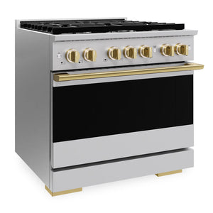 ZLINE Autograph Edition 36 in. 5.2 cu. ft. Marino Dual Fuel Range with 6 Burner Gas Cooktop and Electric Convection Oven in Stainless Steel with Polished Gold Accents (MDRZ-36-G)