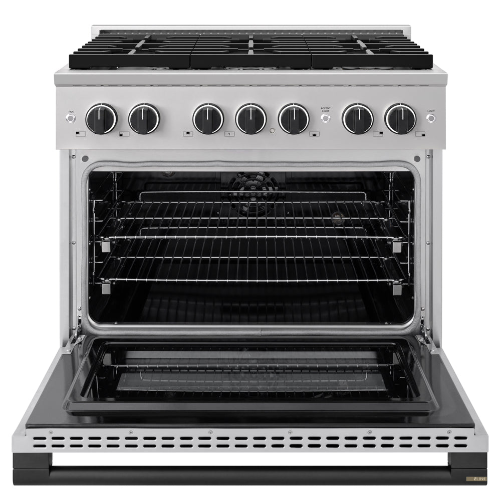 ZLINE Autograph Edition 36 in. 5.2 cu. ft. Marino Dual Fuel Range with 6 Burner Gas Cooktop and Electric Convection Oven in Stainless Steel with Matte Black Accents (MDRZ-36-MB)