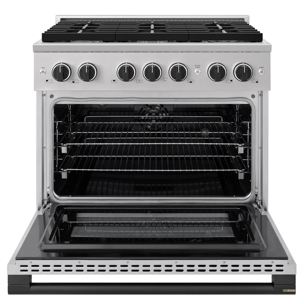 ZLINE Autograph Edition 36 in. 5.2 cu. ft. Marino Dual Fuel Range with 6 Burner Gas Cooktop and Electric Convection Oven in Stainless Steel with Matte Black Accents (MDRZ-36-MB) front, oven open.