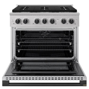 ZLINE Autograph Edition 36 in. 5.2 cu. ft. Marino Dual Fuel Range with 6 Burner Gas Cooktop and Electric Convection Oven in Stainless Steel with Matte Black Accents (MDRZ-36-MB) front, oven open.