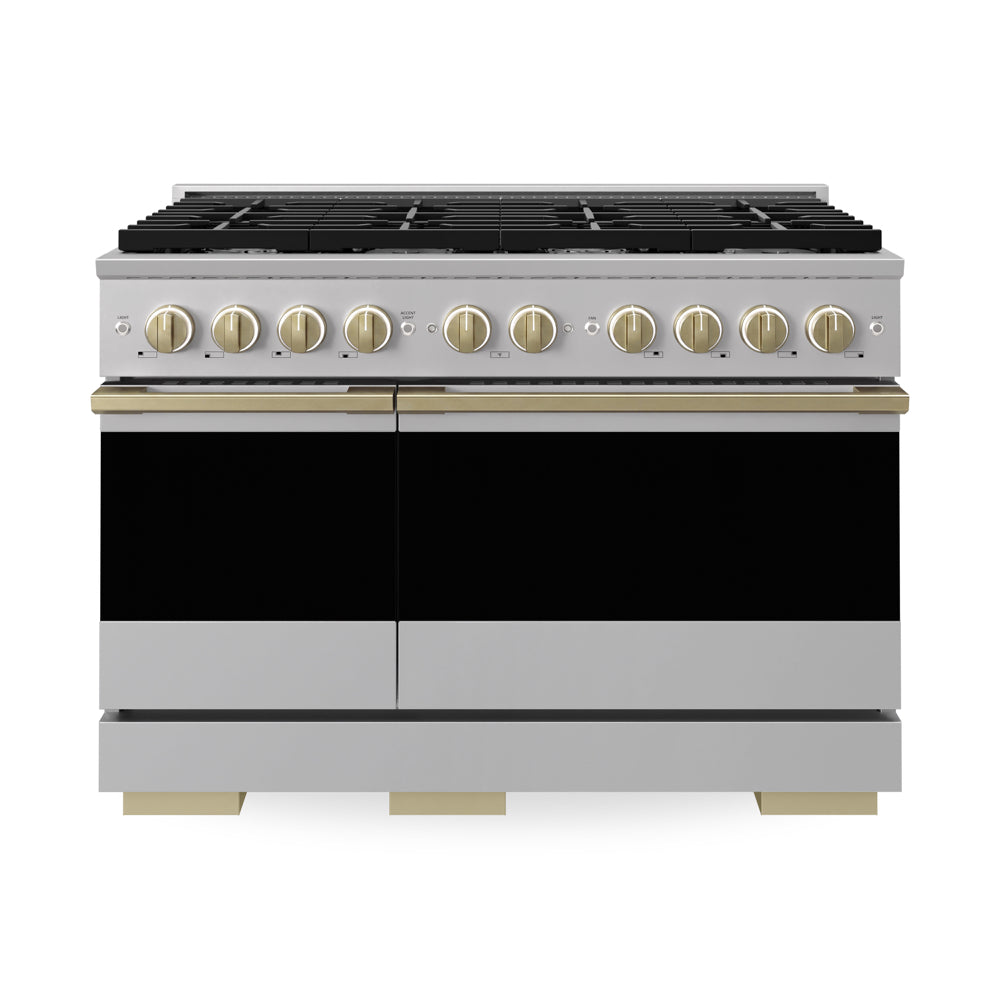 ZLINE Autograph Edition 48 in. 6.7 cu. ft. Marino Double Oven Dual Fuel Range with 8 Burner Gas Cooktop in Stainless Steel and Champagne Bronze Accents (MDRZ-48-CB)