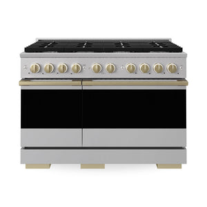 ZLINE Autograph Edition 48 in. 6.7 cu. ft. Marino Double Oven Dual Fuel Range with 8 Burner Gas Cooktop in Stainless Steel and Champagne Bronze Accents (MDRZ-48-CB)